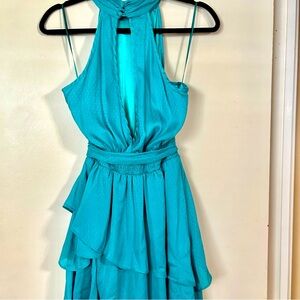 Sexy and Elegant Double Zero Turquoise Halter Dress! Flare Semi-Open Back Size M